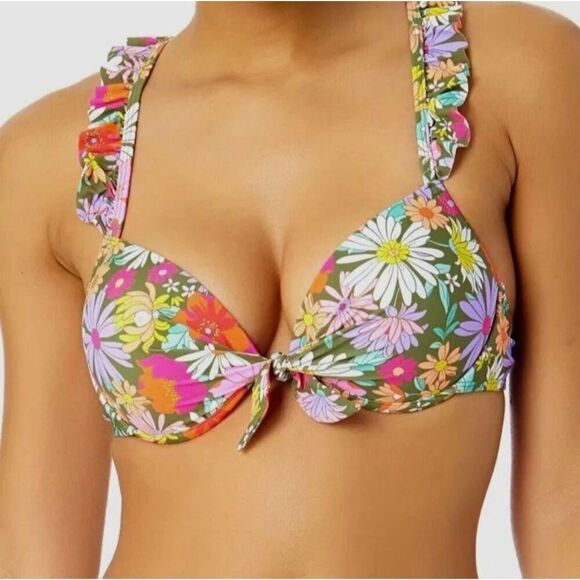 Salt Cove Boho Bikini Top Floral Ruffle Strappy Push Up Underwire Womens Size S - Picture 3 of 6